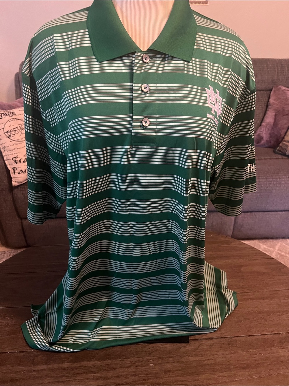 North Dakota Green and White Striped Polo